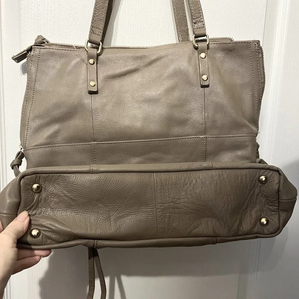 KOOBA Large Taupe Leather Purse-2 Straps-Soft-Gold-Purple Lining-Expands-Hobo